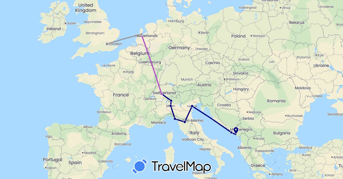 TravelMap itinerary: driving, plane, train in Switzerland, Croatia, Italy, Montenegro, Mozambique, New Zealand (Africa, Europe, Oceania)